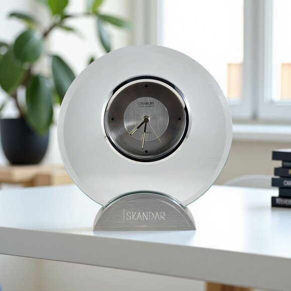 Danbury Clock Company Quartz Desk Clock Glass Round Office Decor ISKANDAR Base - Picture 5 of 7